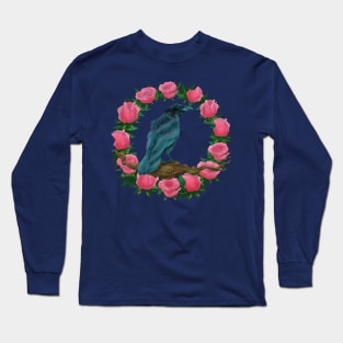 American Crow on Pink Roses Long Sleeve T-Shirt